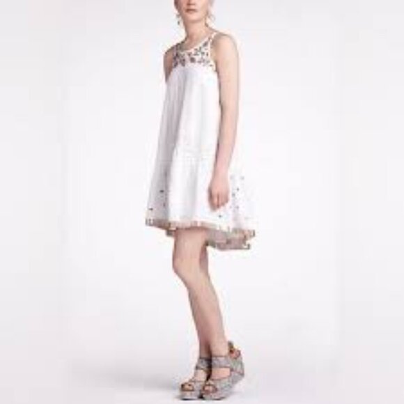 Anthropologie Leifnotes White Eyelet Gold Trim Beaded Sleeveless Dress Size 6 - Picture 1 of 9